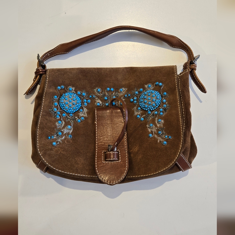 Brown and Blue Embroidered Women's Bag